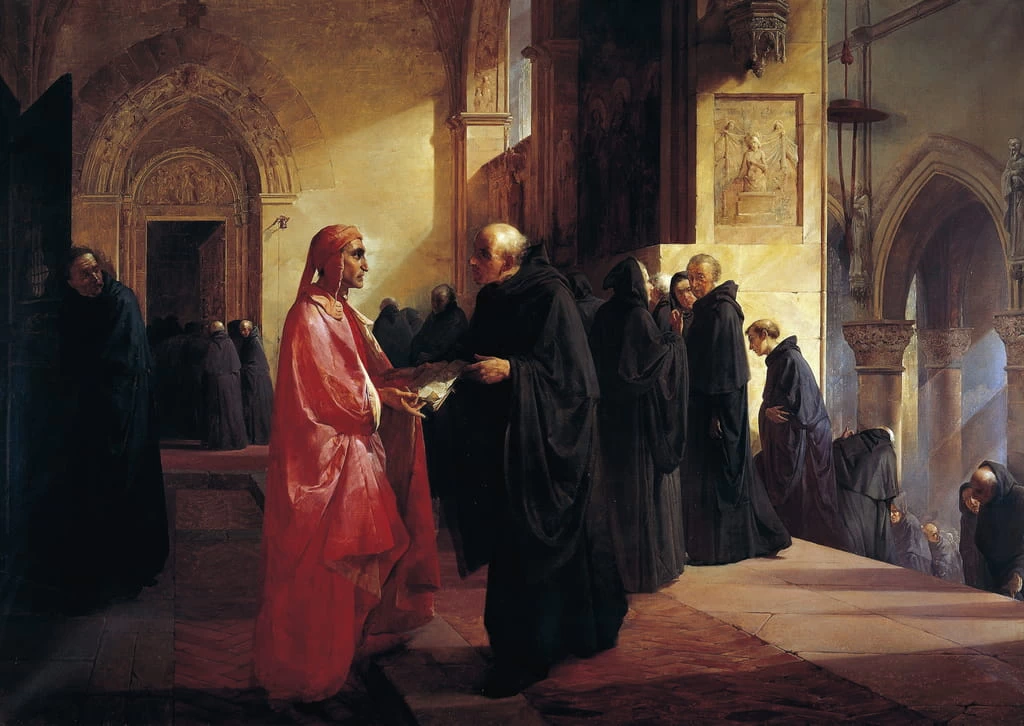 Dante Alighieri nel convento dei monaci agostiniani incontra Frate Ilario al quale dona parte del testo della Divina Commedia - Accademia di Belle Arti, Brera, Milano